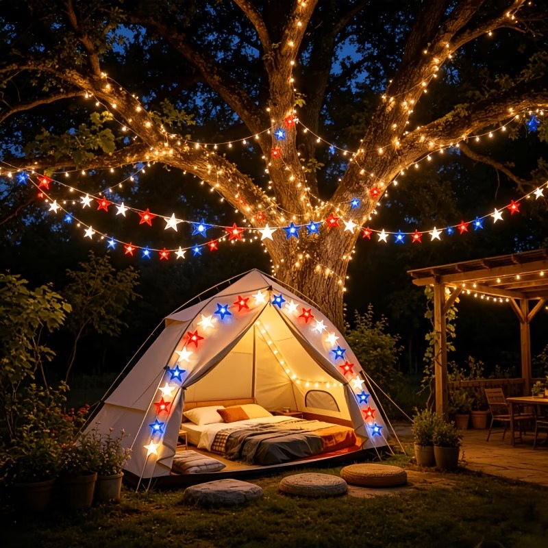 Red, White & Blue Star Solar String Lights-EASESTER