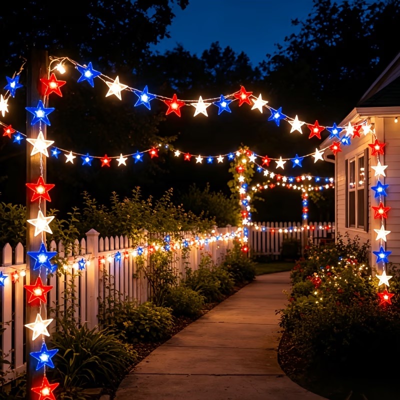 Red, White & Blue Star Solar String Lights-EASESTER