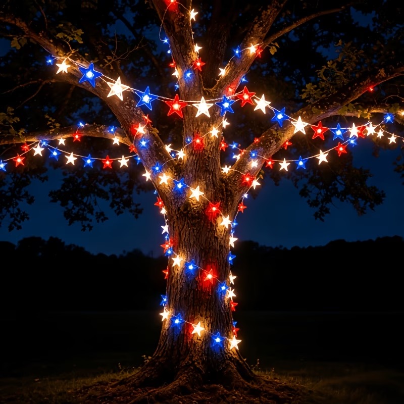 Red, White & Blue Star Solar String Lights-EASESTER