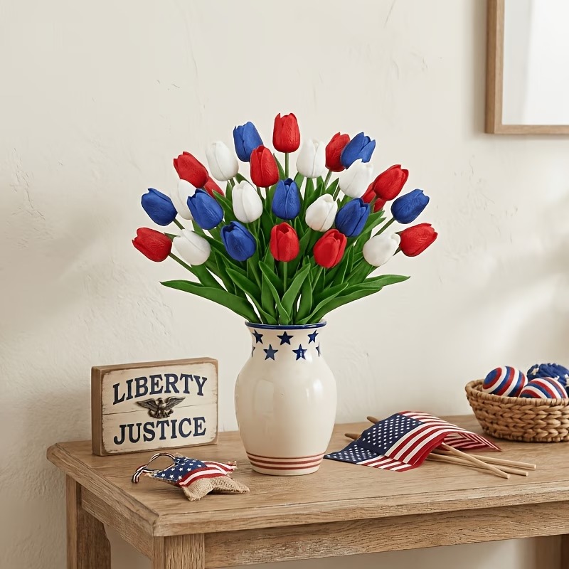 Red, White & Blue Artificial Tulips - 12 Bunches-EASESTER
