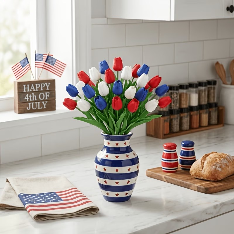 Red, White & Blue Artificial Tulips - 12 Bunches-EASESTER