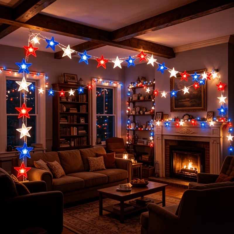 Red, White & Blue Star Solar String Lights-EASESTER