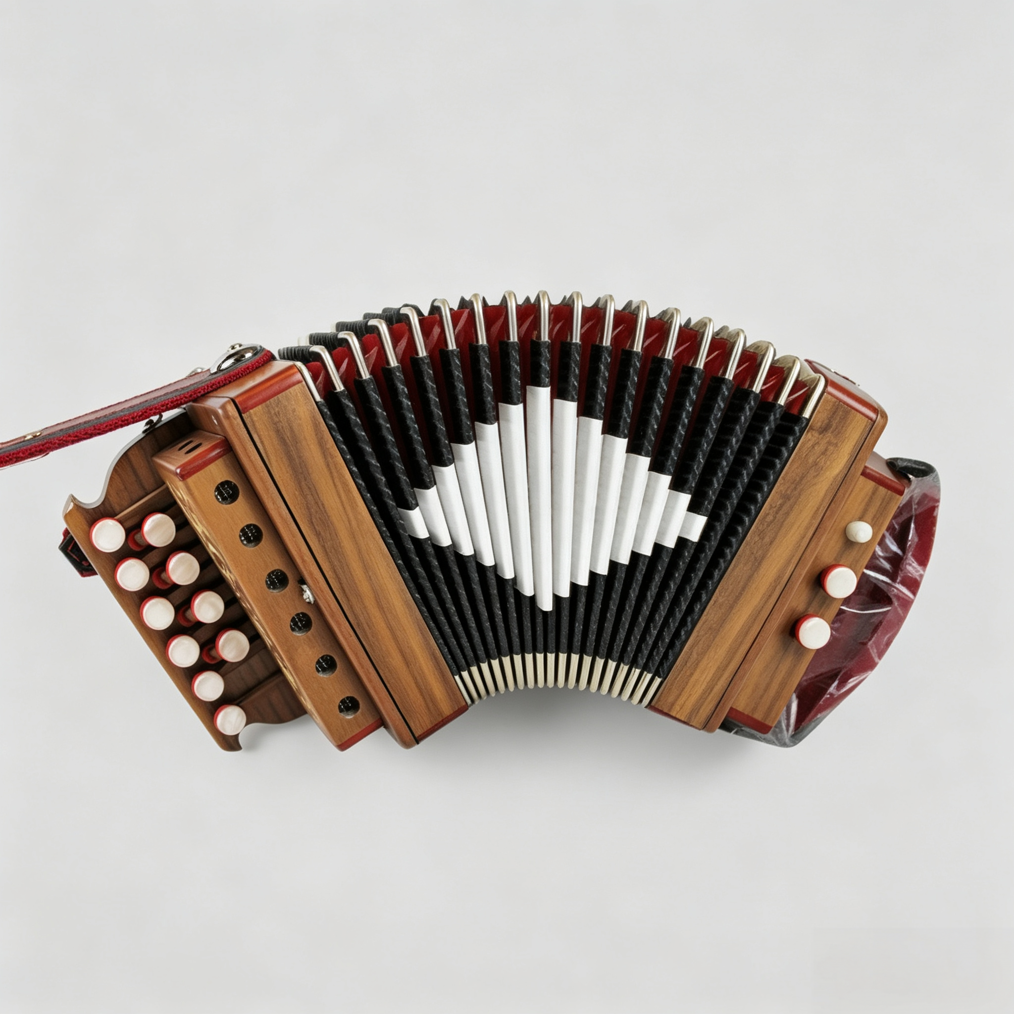 10-Key Button Accordion, Compact Organetto-Style Folk Instrument with Walnut Finish