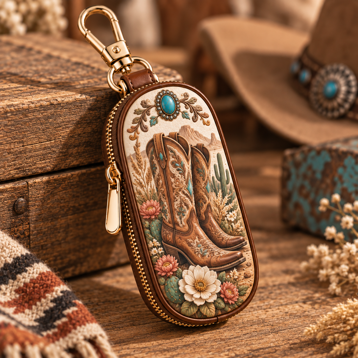 Western Car Key Fob Cover – Rustic Zipper Key Wallet