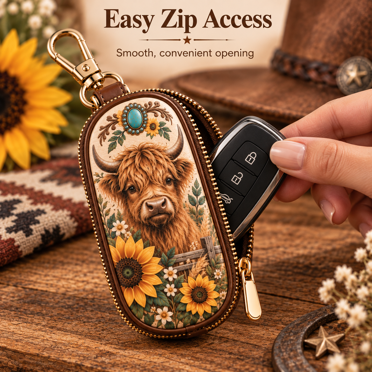 Western Car Key Fob Cover – Rustic Zipper Key Wallet