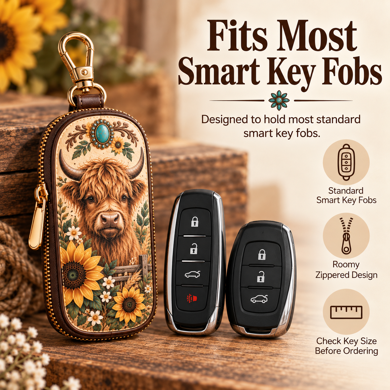 Western Car Key Fob Cover – Rustic Zipper Key Wallet