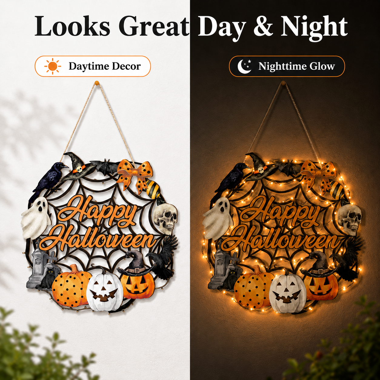 Lighted Happy Halloween Wooden Door Sign for Spooky Holiday Decor 🎃✨