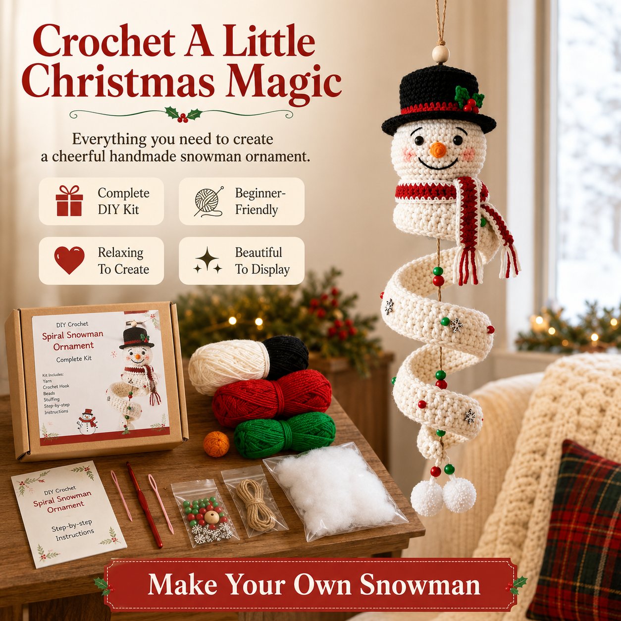 ☃️ Crochet Snowman Spiral Ornament DIY Kit | Complete Beginner-Friendly Set with Soft Yarn, Crochet Hook, Festive Beads, Snowflakes & Step-by-Step Guide 🧶🎄✨