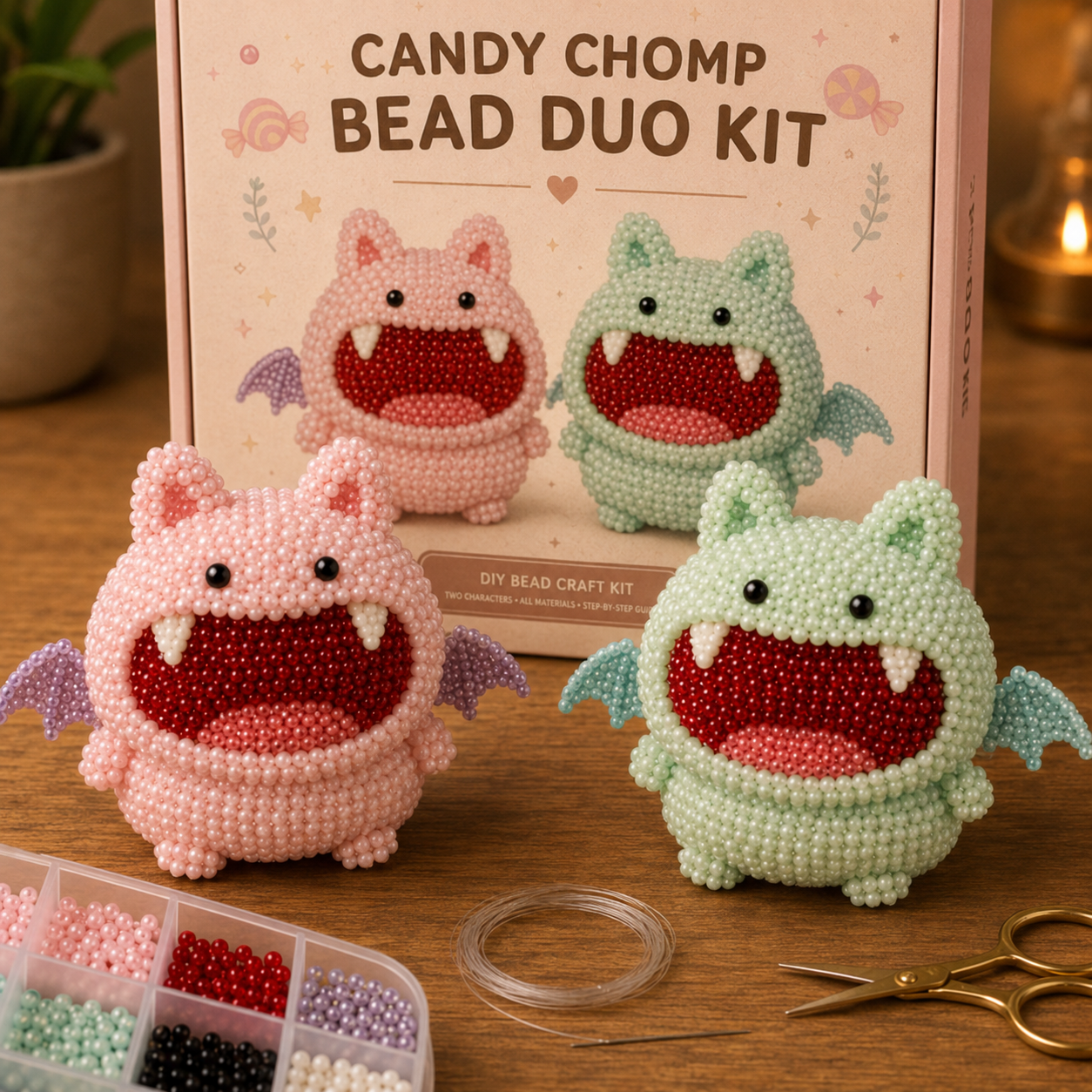 Twin Fang Bead Duo Kit – 3D DIY Beaded Monster Craft with Display Stands