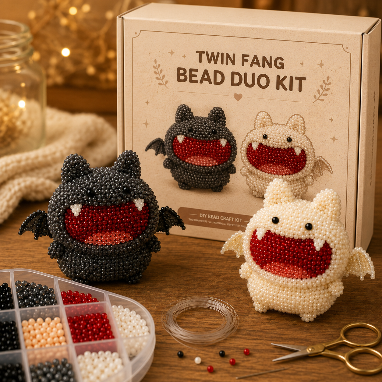 Twin Fang Bead Duo Kit – 3D DIY Beaded Monster Craft with Display Stands