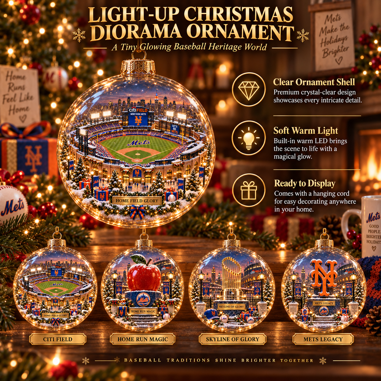 🧡💙 Baseball Brings Us Together — Light-Up Baseball Diorama Ornament