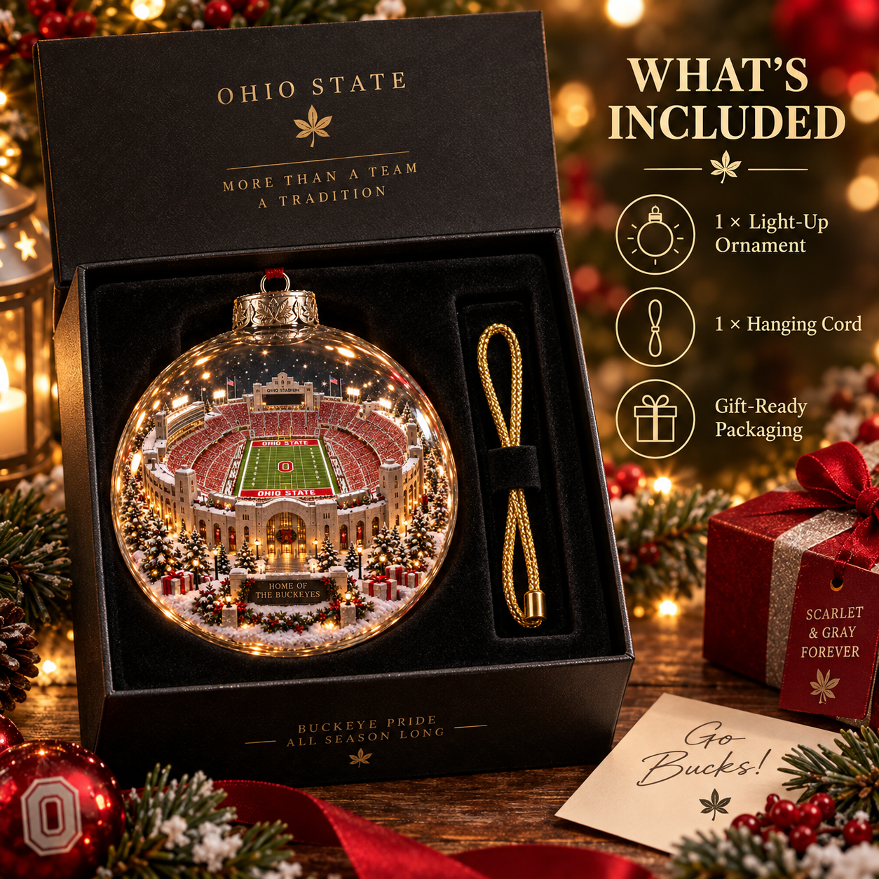 🎄 Scarlet & Gray Forever — Light-Up College Football Diorama Ornament