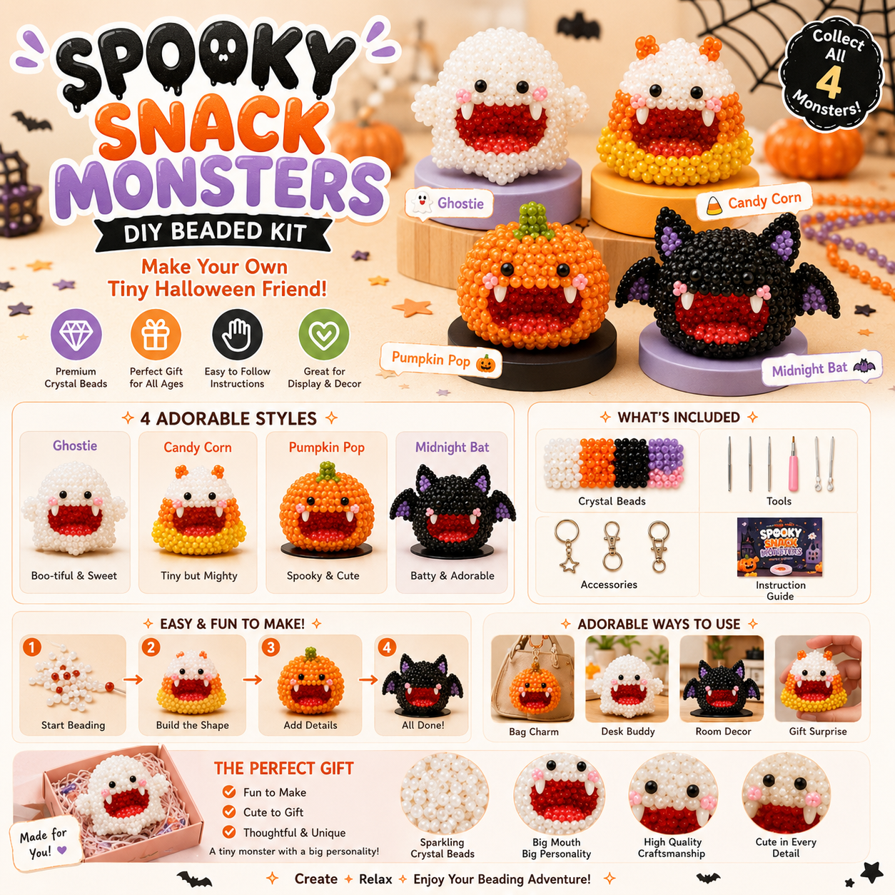 Chubby Chomp Pals DIY Beaded Kit – Cute Collectible Monster Craft Set