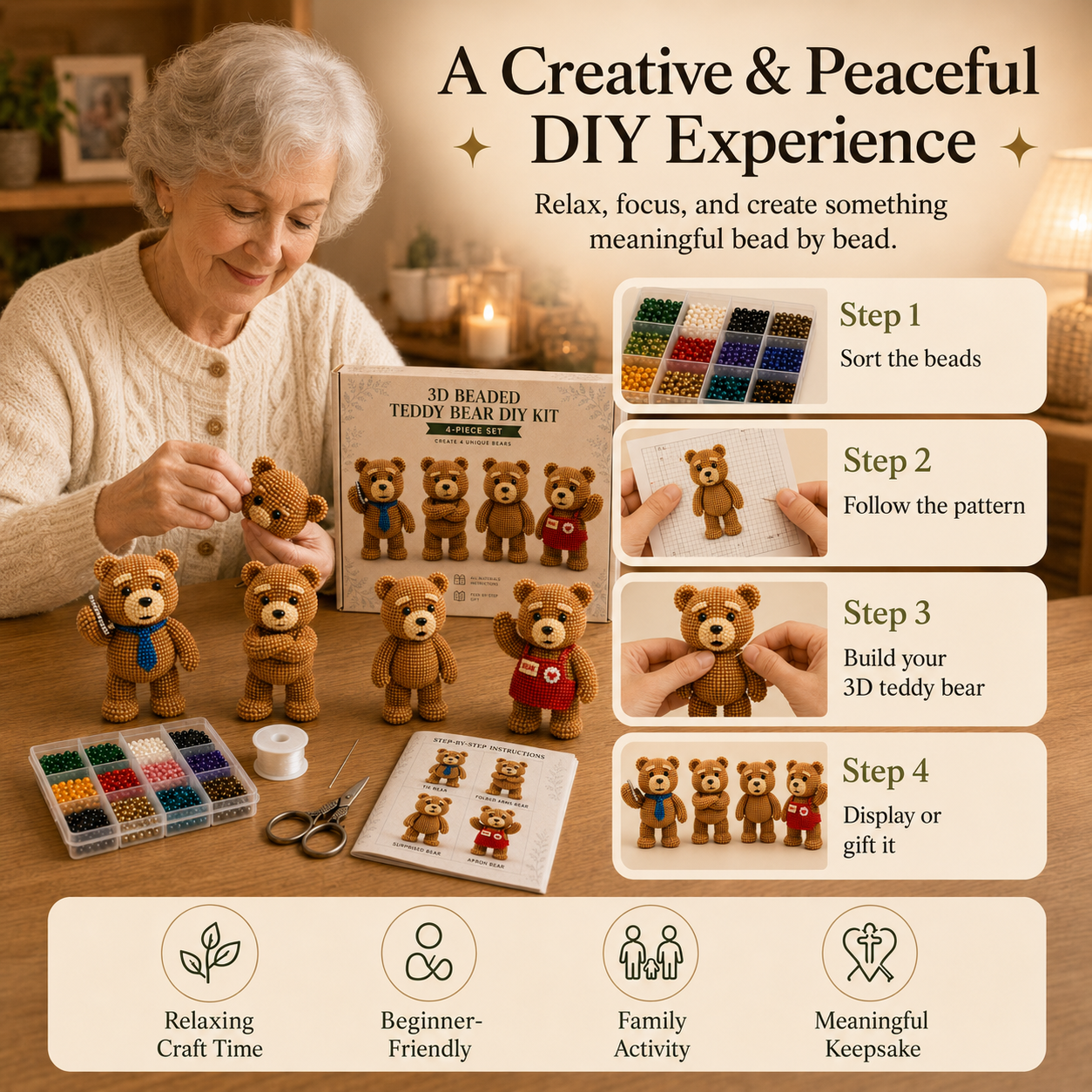 3D Beaded Teddy Bear DIY Kit – 4-Piece Handmade Craft Set