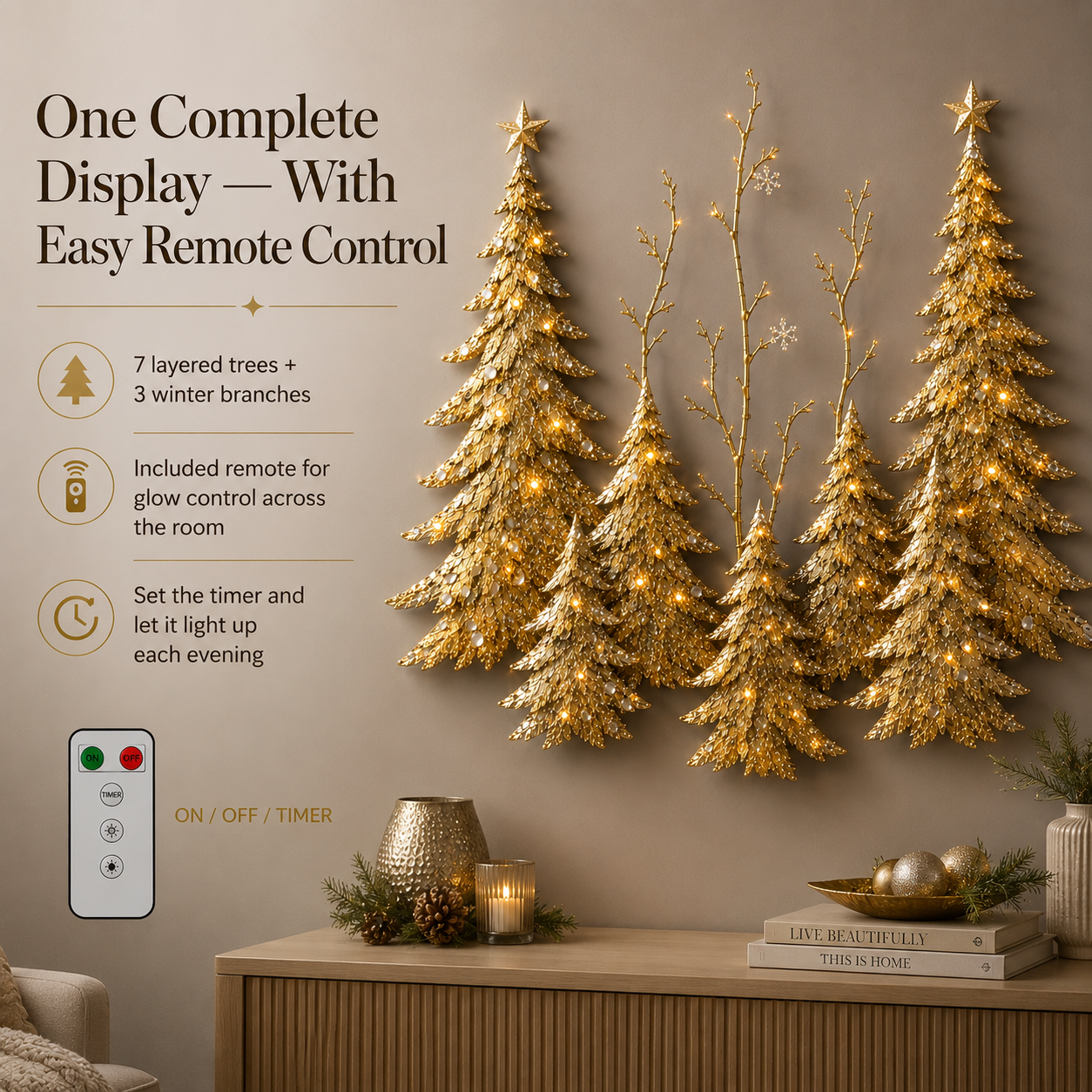 Golden Christmas Forest Illuminated Wall Sculpture