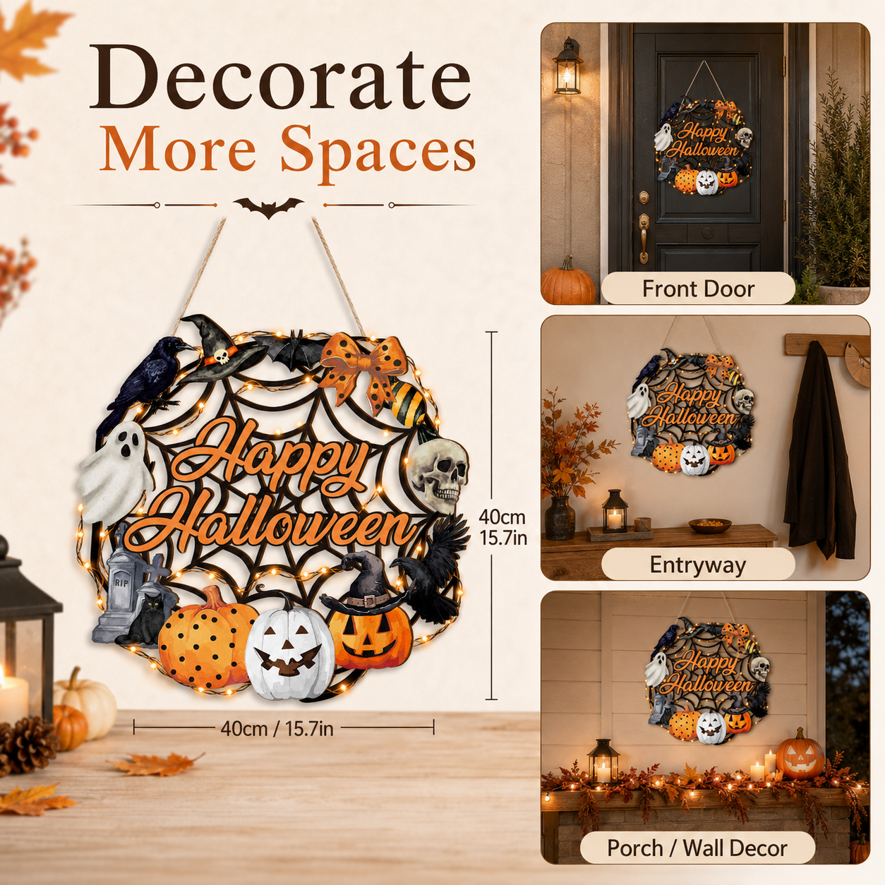 Lighted Happy Halloween Wooden Door Sign for Spooky Holiday Decor 🎃✨