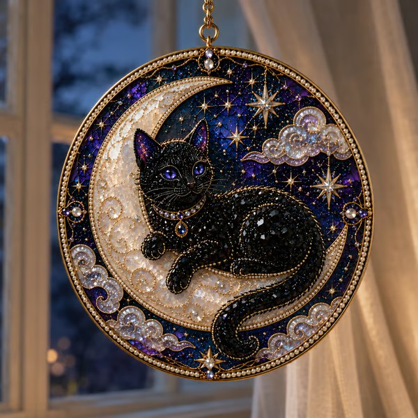 🌙 DIY Celestial Black Cat Window Hanging Kit | 3D Pearl Bead Suncatcher 🔮✨
