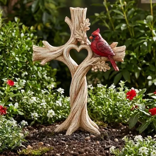 Cardinal Heart Tree Cross – Hand-Carved Solid Wood Decor
