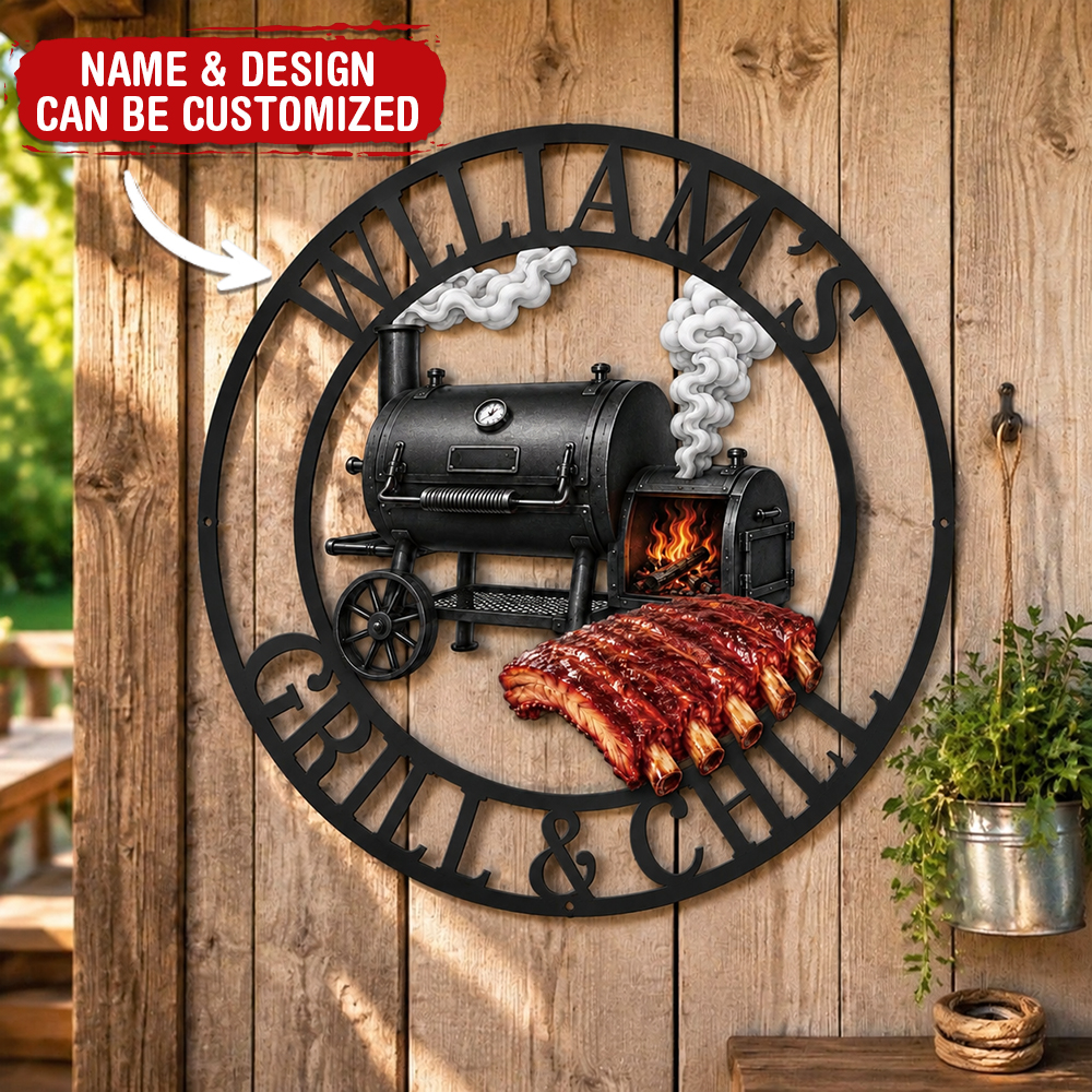 Custom BBQ Shaped Metal Sign - Personalized Grilling Gifts For BBQ Lovers, Husband, Son, Grandson, Brother, Grandpa, Dad, Yourself - Smoke Fire Good Times