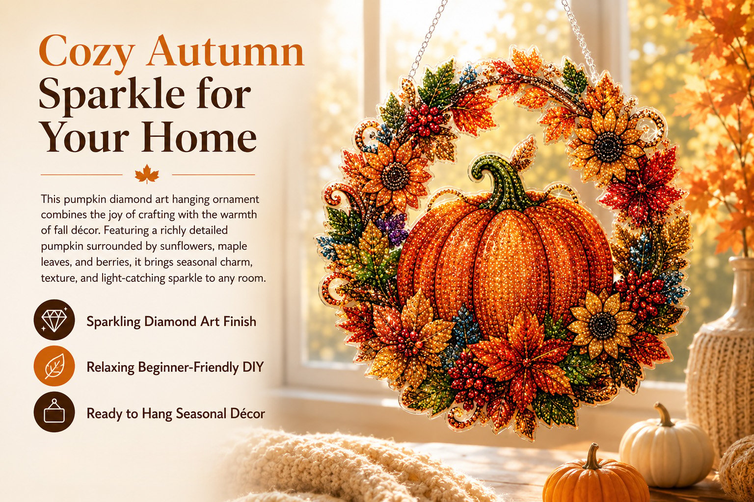 🔥Last Day 49% OFF - 🍂✨Autumn Harvest Pumpkin Diamond Art Hanging Ornament Kit