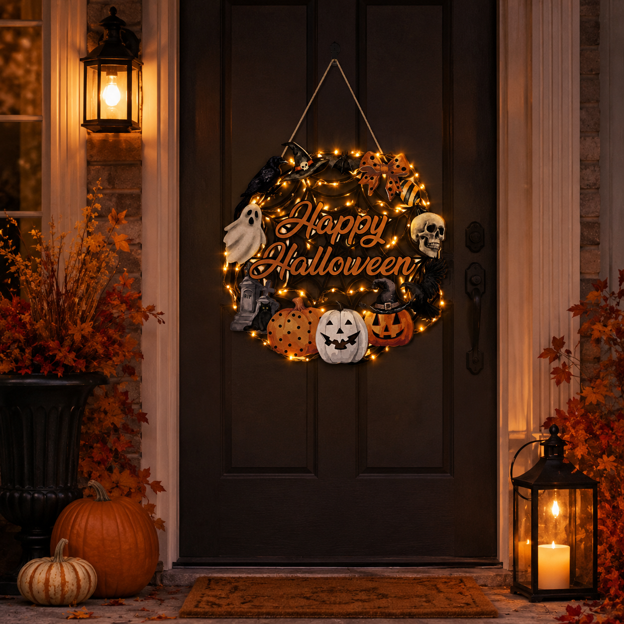 Lighted Happy Halloween Wooden Door Sign for Spooky Holiday Decor 🎃✨