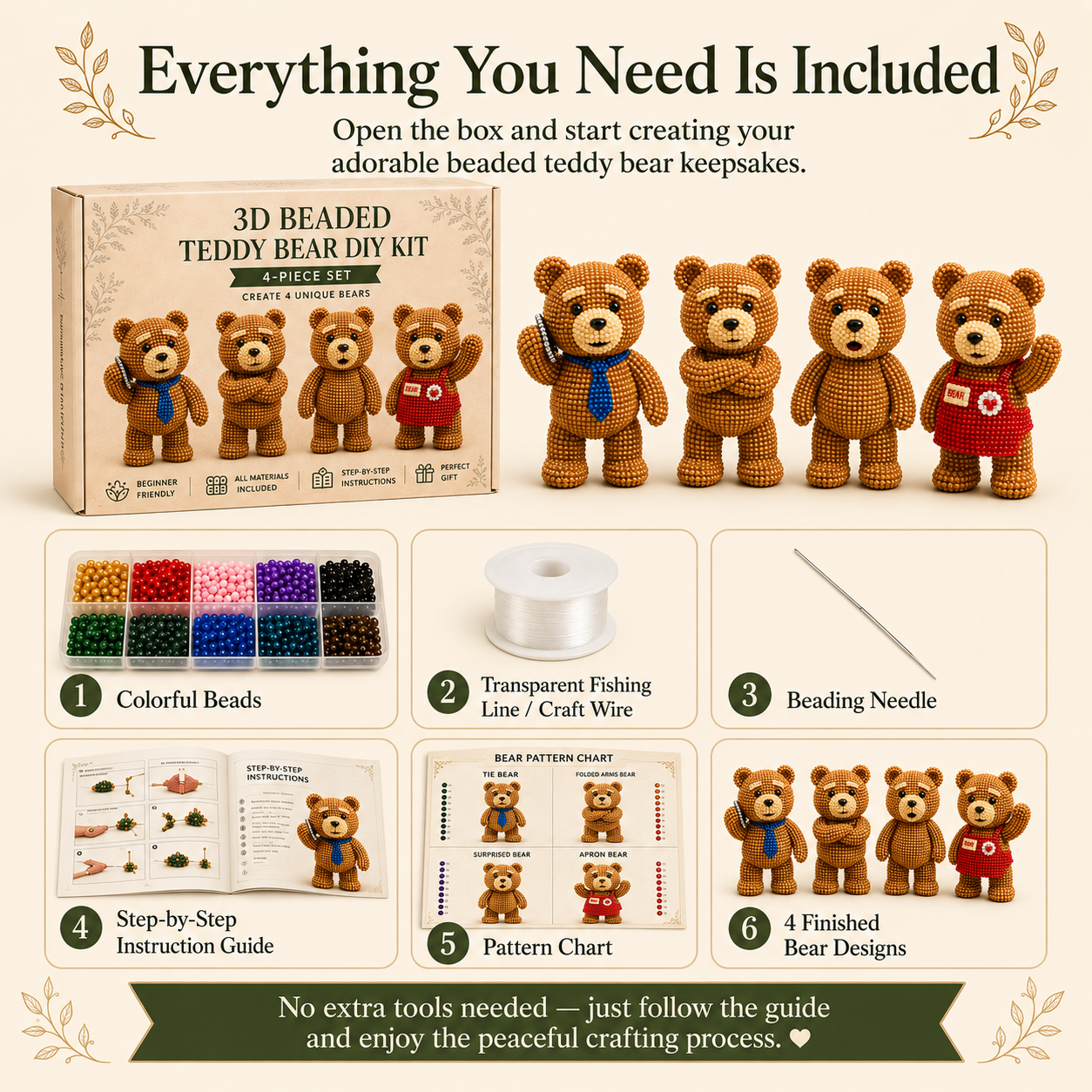 3D Beaded Teddy Bear DIY Kit – 4-Piece Handmade Craft Set