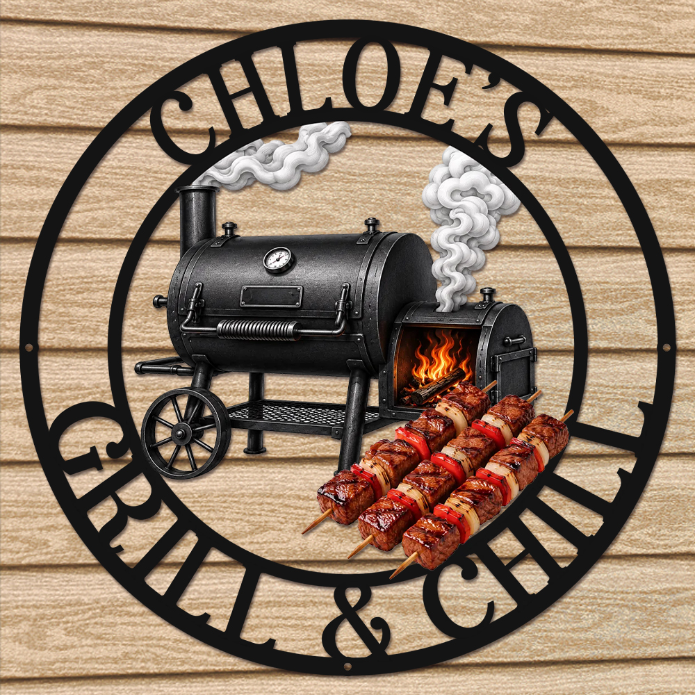 Custom BBQ Shaped Metal Sign - Personalized Grilling Gifts For BBQ Lovers, Husband, Son, Grandson, Brother, Grandpa, Dad, Yourself - Smoke Fire Good Times