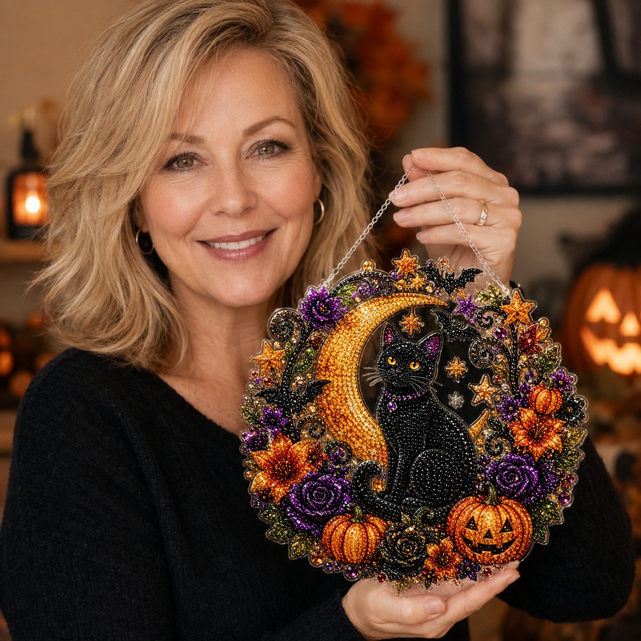Black Cat Moon Diamond Art Hanging Ornament Kit – Relaxing DIY Halloween Craft 🎃💎
