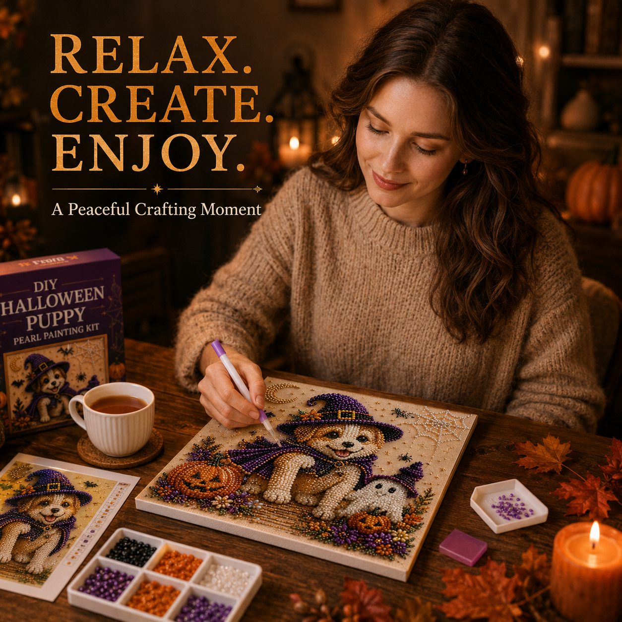 🧘Relaxing & Beginner-Friendly -💎DIY Halloween Puppy Pearl Painting Kit🐶