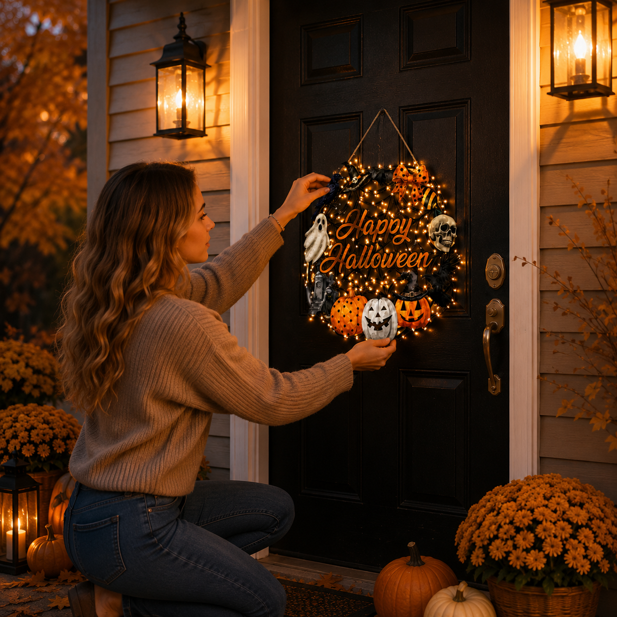 Lighted Happy Halloween Wooden Door Sign for Spooky Holiday Decor 🎃✨