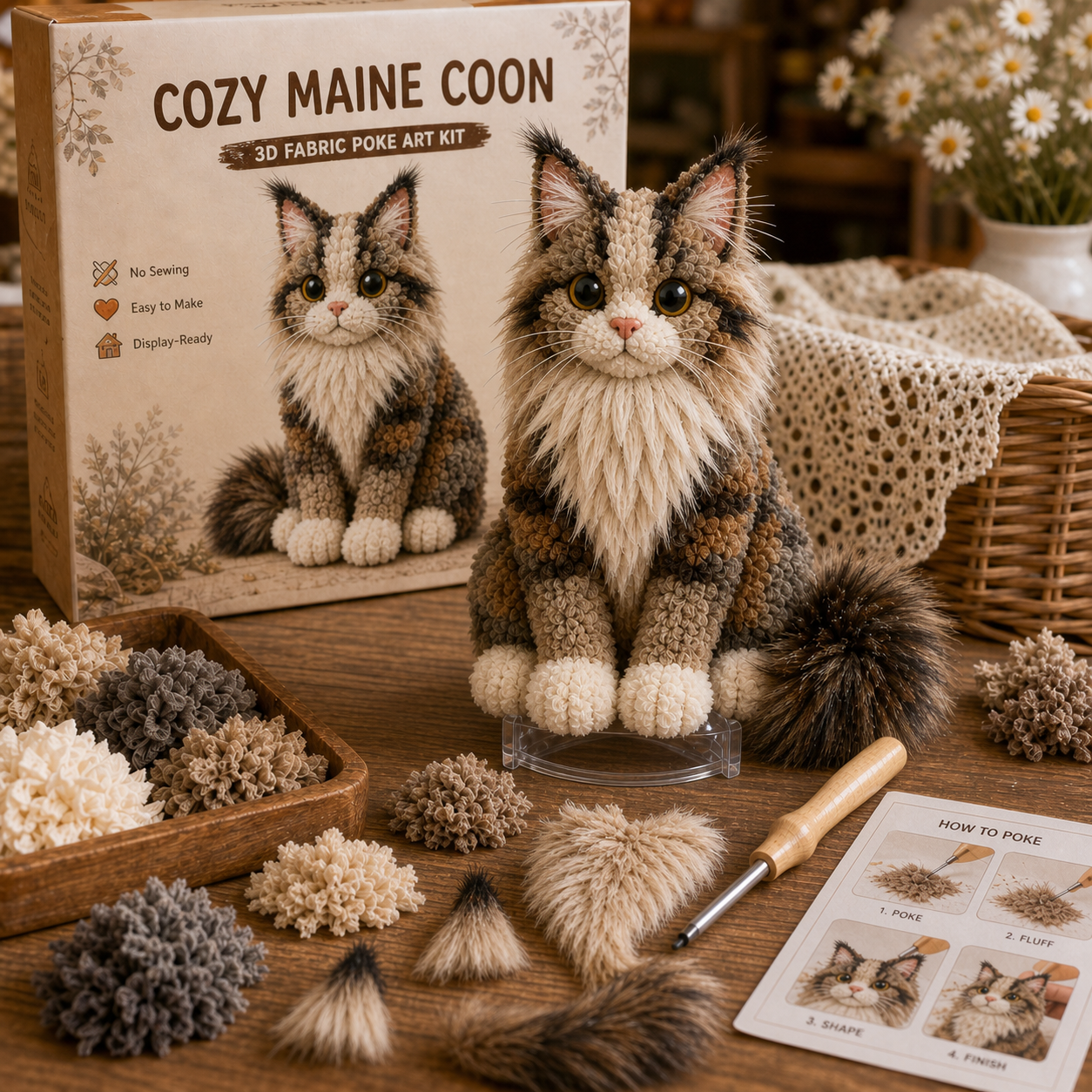 Cozy Cat Fabric Poke Art Kit – No-Sew DIY Textured Cat Craft