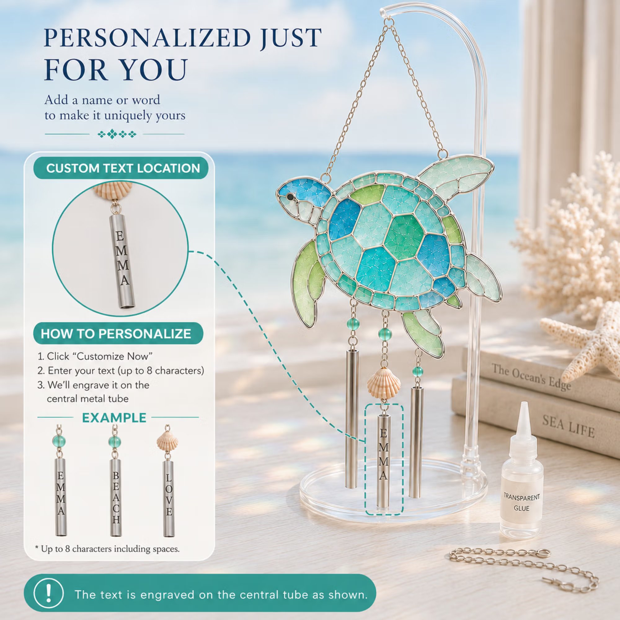 🔥Holiday Sale Now Open | 50% Discount🎉Personalized Coastal Glow Sea Glass Suncatcher Wind Chime Kit Collection with Text, Home Decor, Birthday Gift for Ocean Lovers
