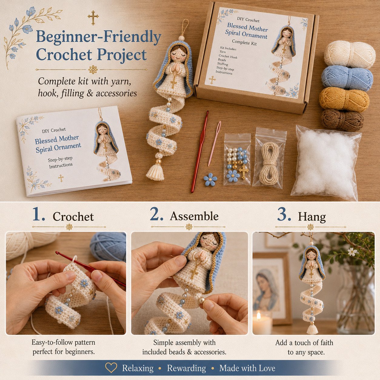 ✨ DIY Crochet Blessed Mother Spiral Hanging Ornament Kit – Handcraft a Heavenly Keepsake 🙏🧶