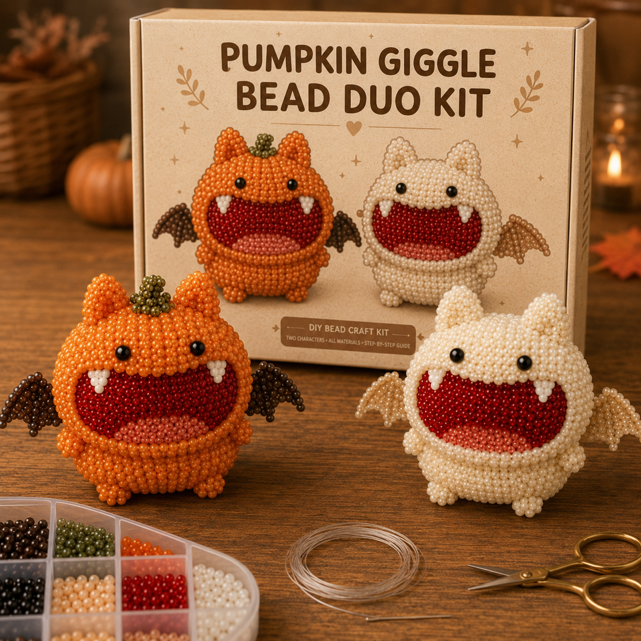 Twin Fang Bead Duo Kit – 3D DIY Beaded Monster Craft with Display Stands