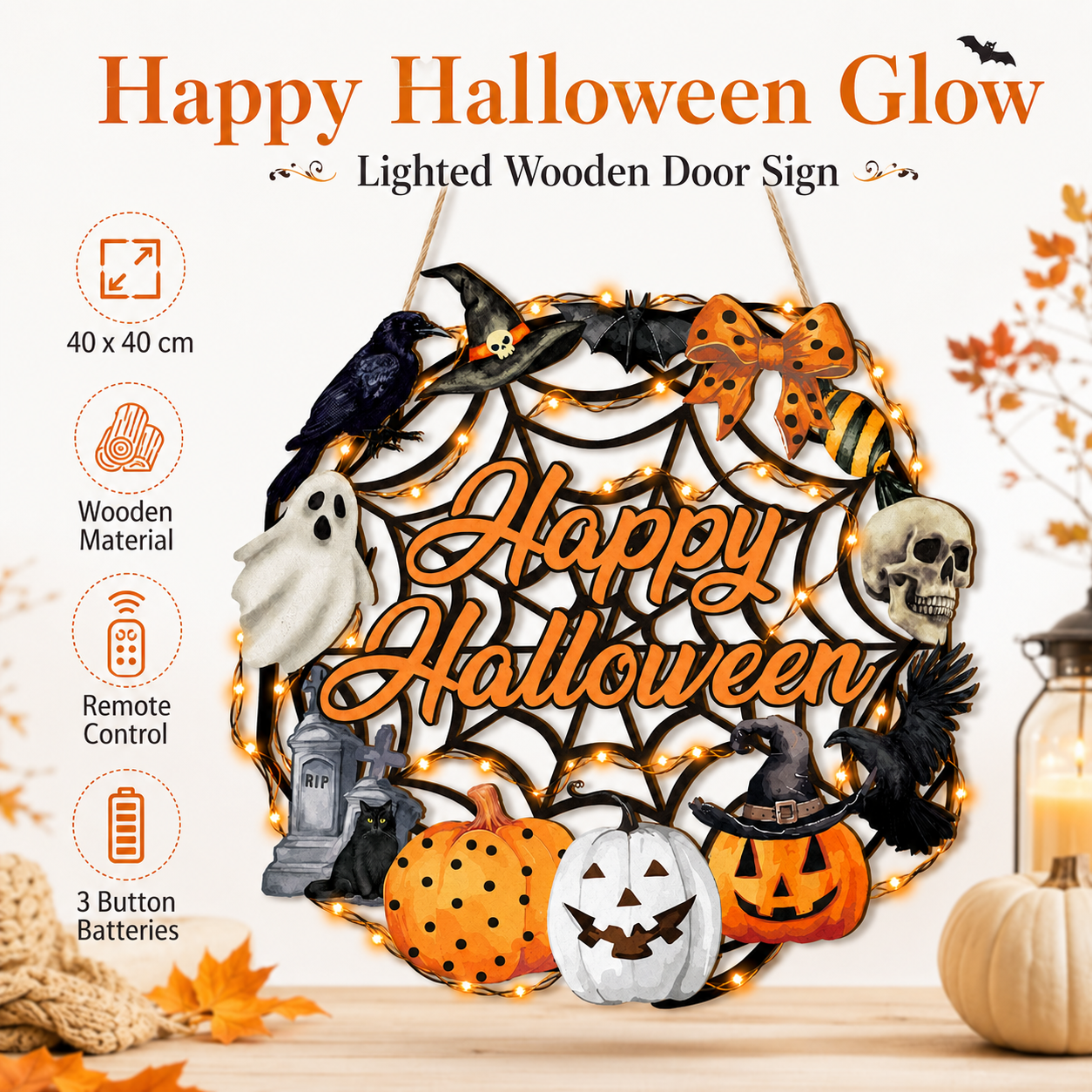 Lighted Happy Halloween Wooden Door Sign for Spooky Holiday Decor 🎃✨