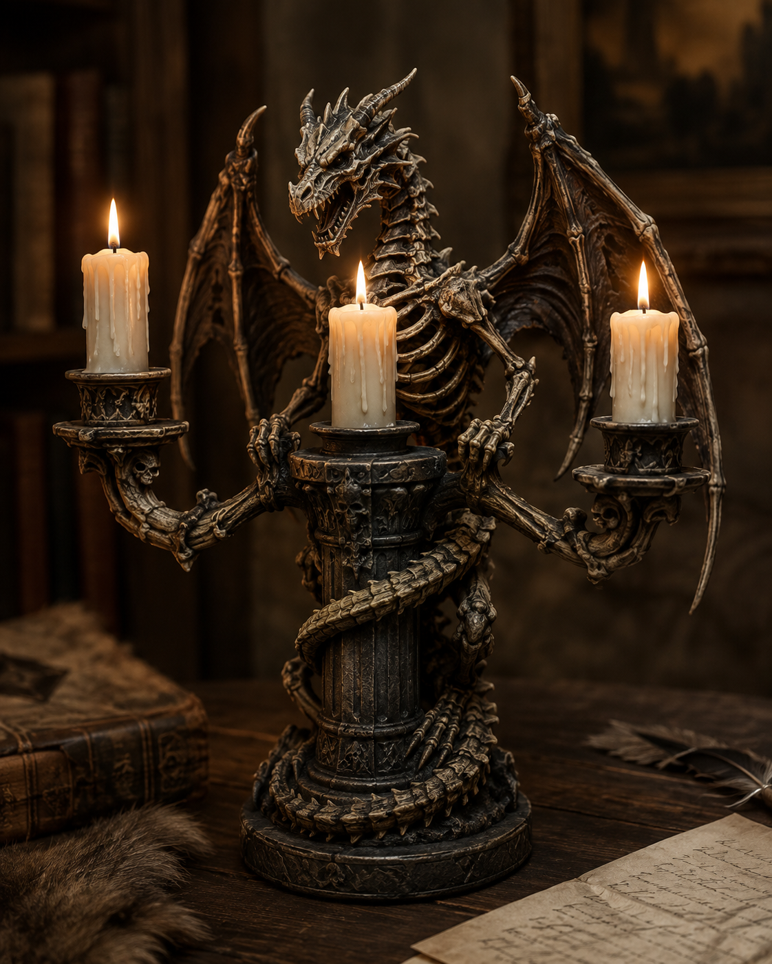 Gothic Dragon Skeleton Candle Holder, 3-Arm Medieval Dragon Candelabra, Dark Fantasy Tabletop Decor for Halloween, Gothic Home, Study Room & Gifts