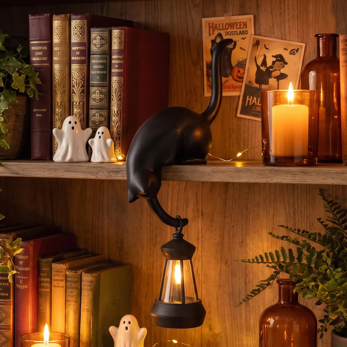 🐈‍Whimsical Cat Shelf Sitter with LED Lantern – Cute Bookshelf Decor & Handy Key Hook