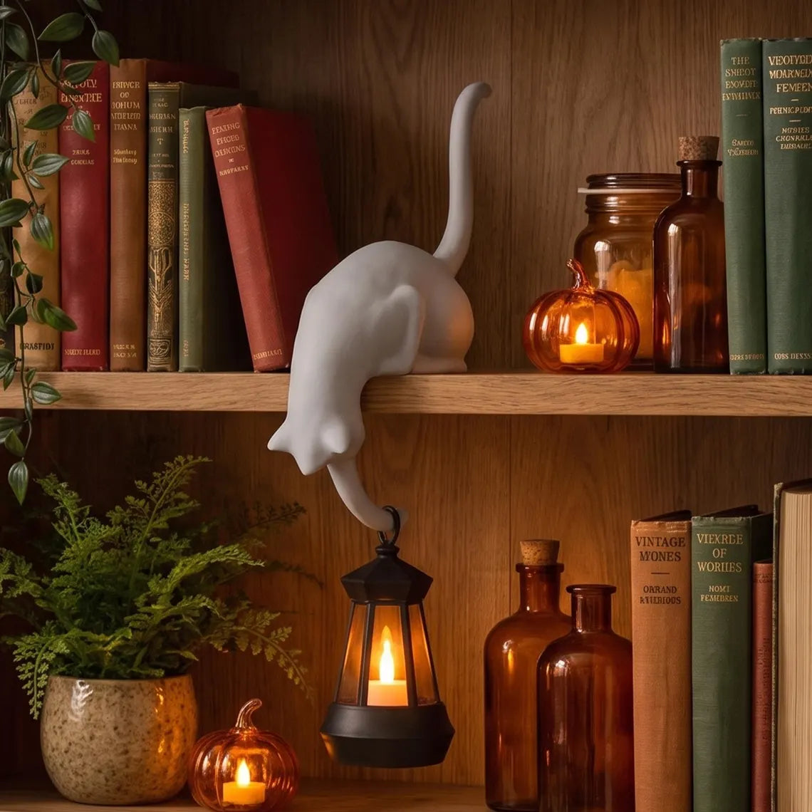 🐈‍Whimsical Cat Shelf Sitter with LED Lantern – Cute Bookshelf Decor & Handy Key Hook