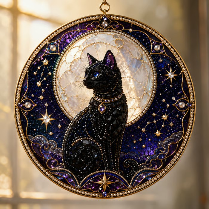 🌙 DIY Celestial Black Cat Window Hanging Kit | 3D Pearl Bead Suncatcher 🔮✨