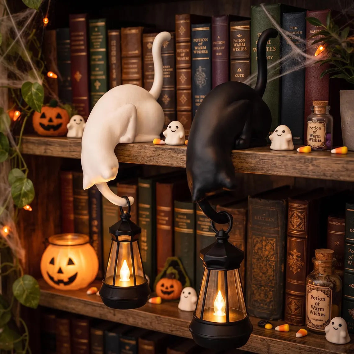 🐈‍Whimsical Cat Shelf Sitter with LED Lantern – Cute Bookshelf Decor & Handy Key Hook