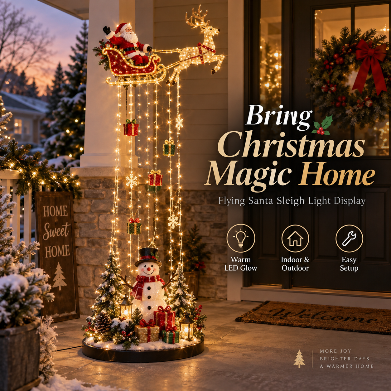 🎅🛷 Lighted Santa Sleigh Christmas Decoration with Reindeer & Snowman ⛄