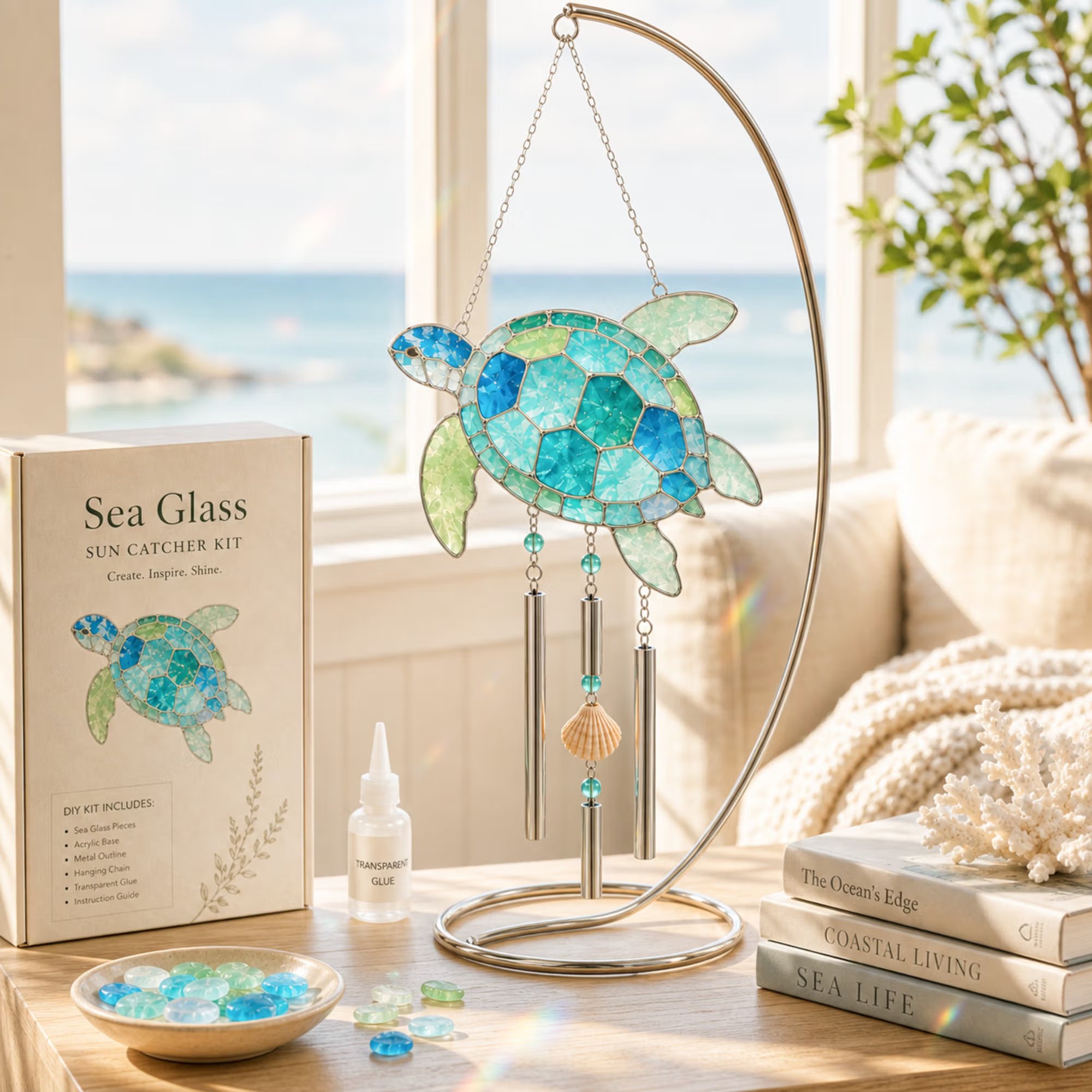 🔥Holiday Sale Now Open | 50% Discount🎉Personalized Coastal Glow Sea Glass Suncatcher Wind Chime Kit Collection with Text, Home Decor, Birthday Gift for Ocean Lovers