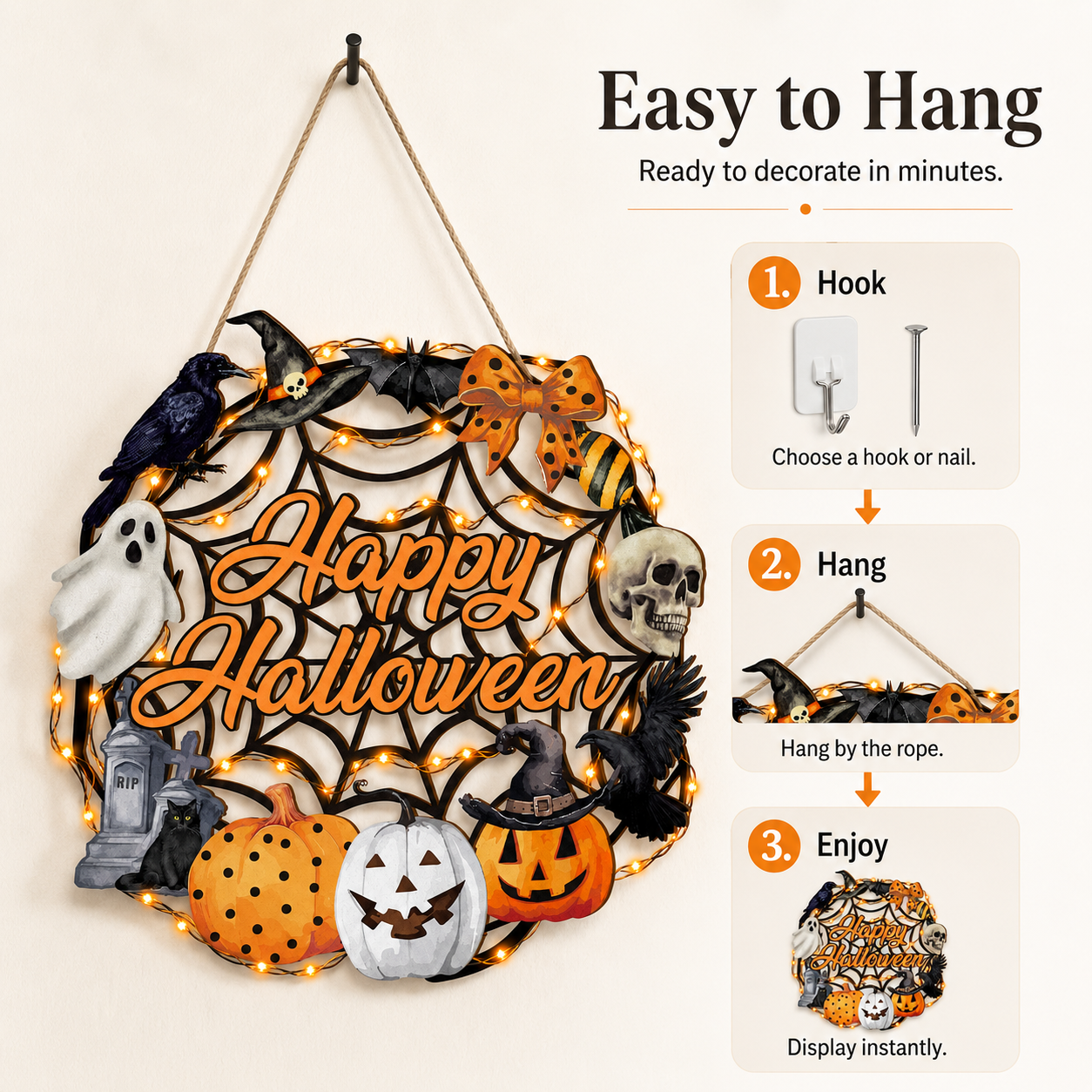 Lighted Happy Halloween Wooden Door Sign for Spooky Holiday Decor 🎃✨