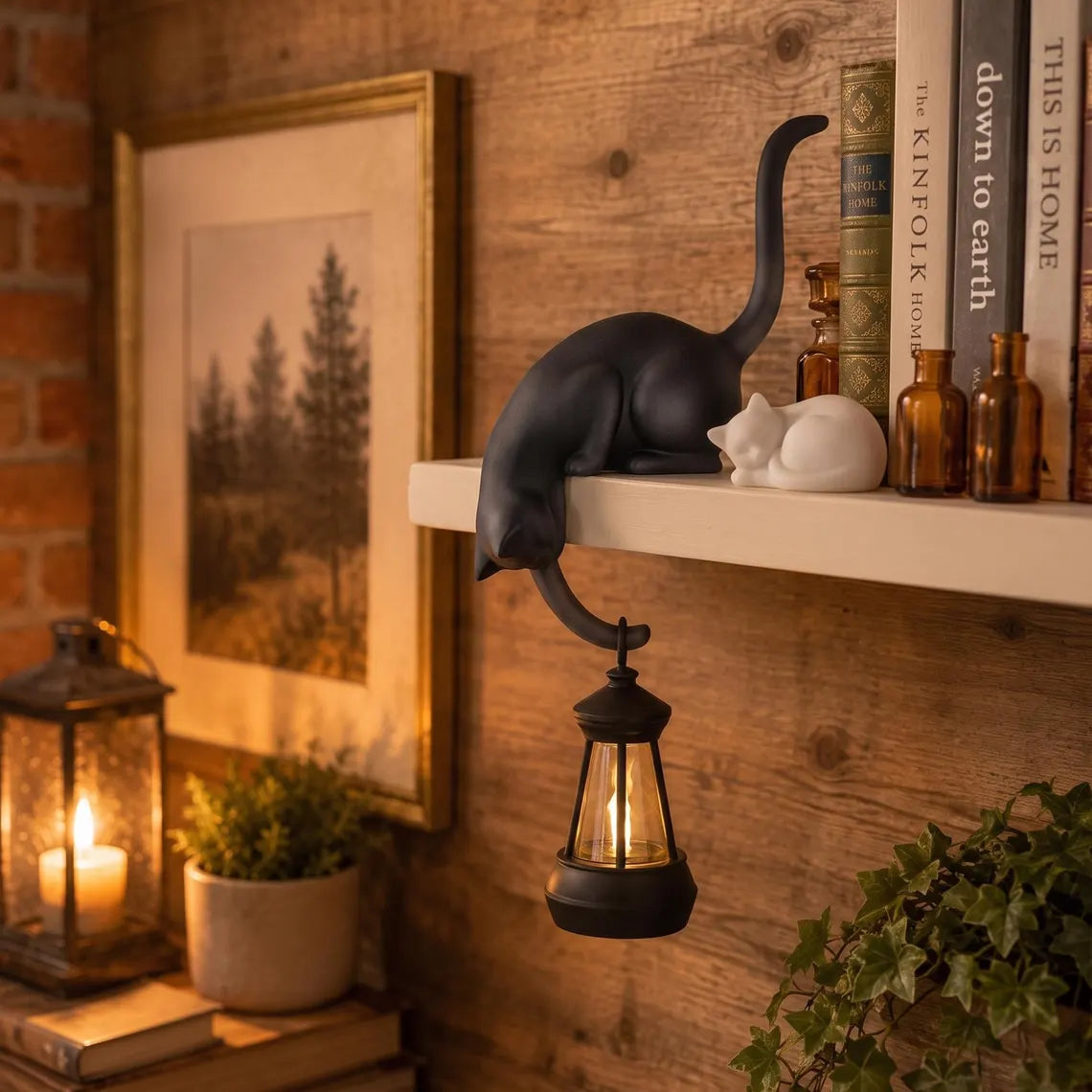 🐈‍Whimsical Cat Shelf Sitter with LED Lantern – Cute Bookshelf Decor & Handy Key Hook