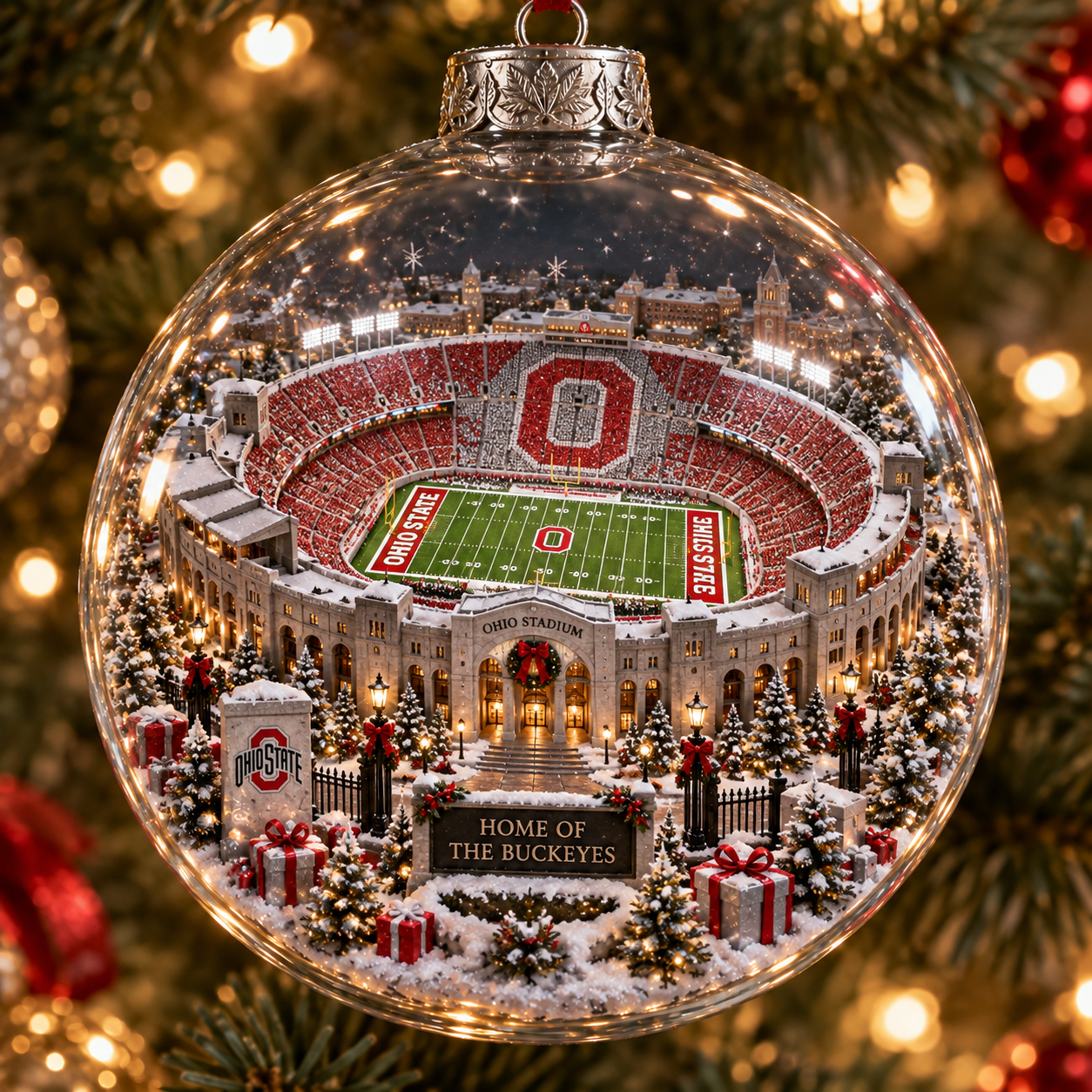 🎄 Scarlet & Gray Forever — Light-Up College Football Diorama Ornament