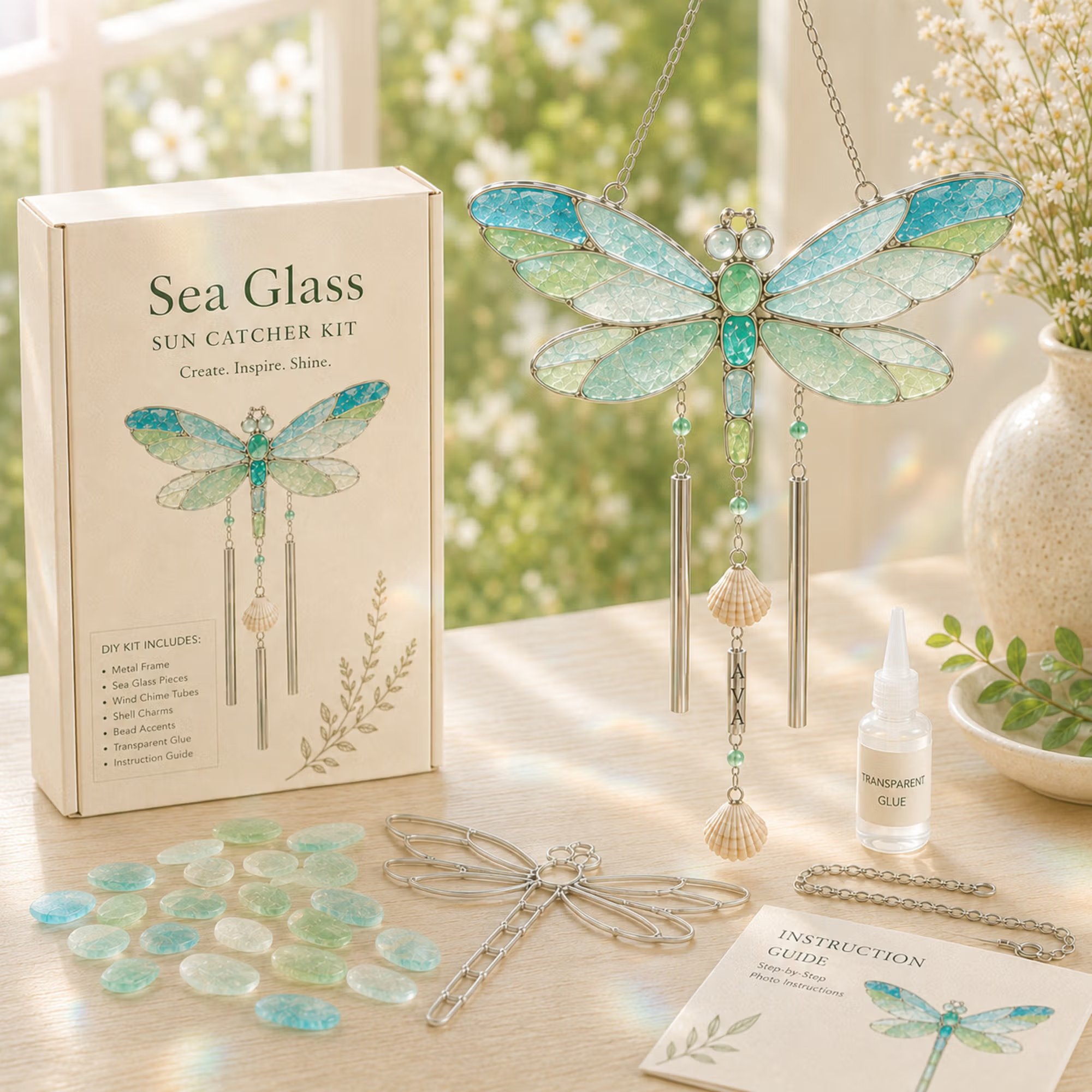 🔥Holiday Sale Now Open | 50% Discount🎉Personalized Coastal Glow Sea Glass Suncatcher Wind Chime Kit Collection with Text, Home Decor, Birthday Gift for Ocean Lovers