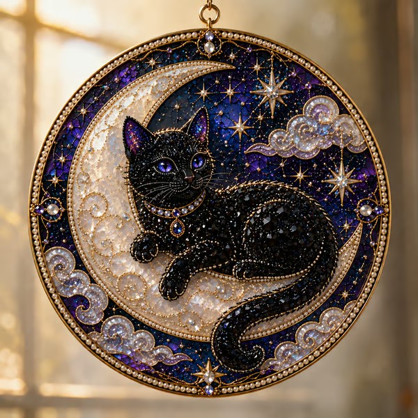 🌙 DIY Celestial Black Cat Window Hanging Kit | 3D Pearl Bead Suncatcher 🔮✨