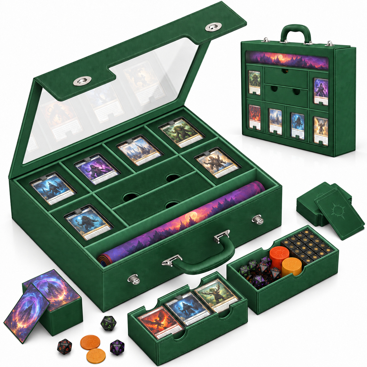Modular 9-in-1 TCG Deck Box – Holds 6 Decks with Dice Tray, Magnetic Cases, Sleeves & Playmat