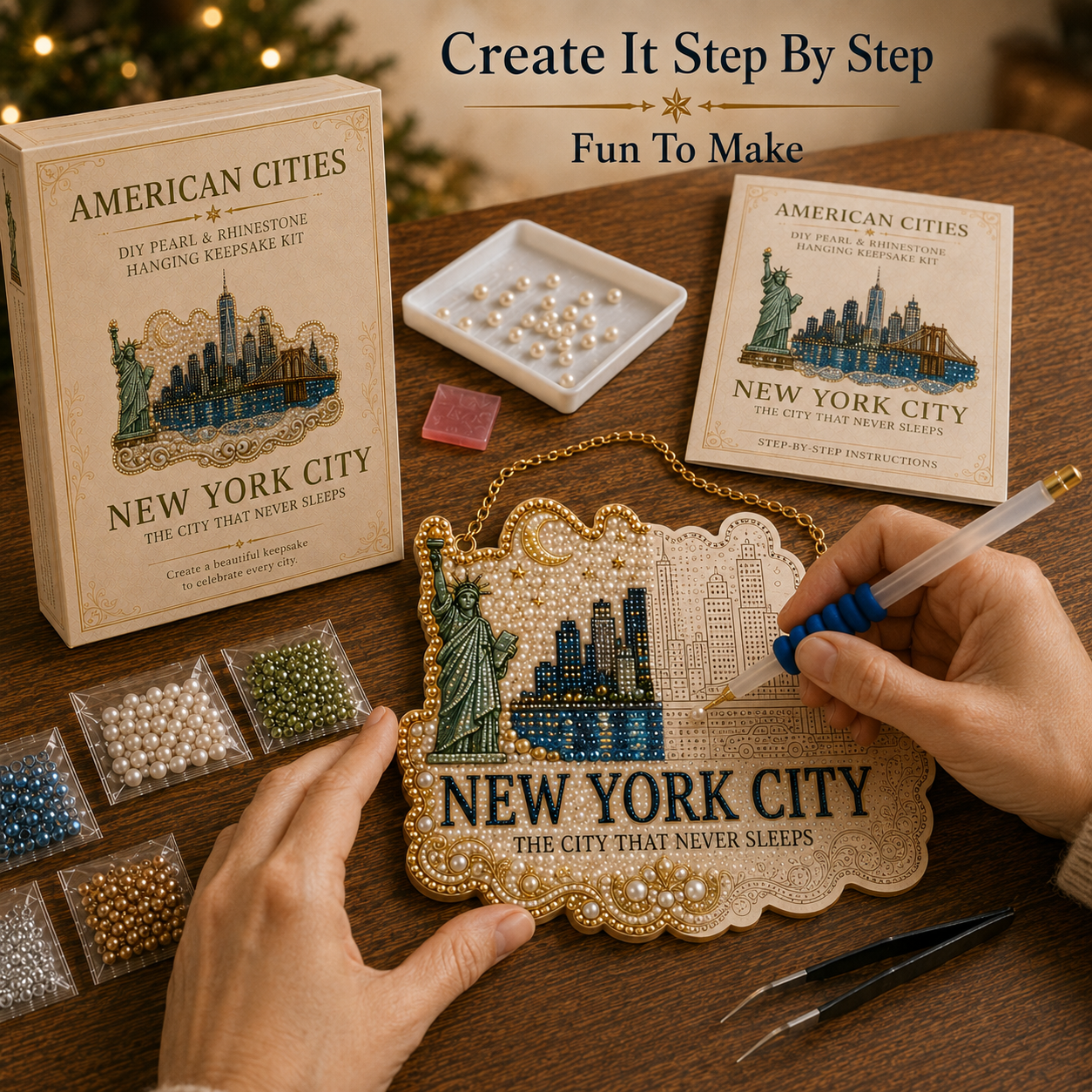 🏙️ American Cities Pearl & Rhinestone Hanging Keepsake DIY Kit