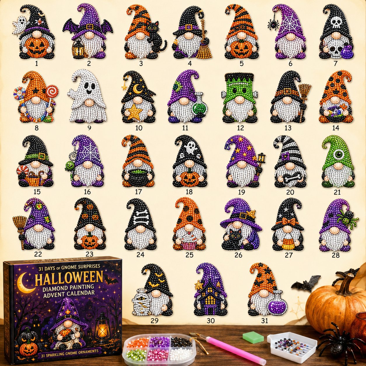👻 Countdown to Halloween Magic! 🎃✨ 31-Day Gnome Diamond Art Advent Calendar – Create a New Sparkling Surprise Every Day! 💎